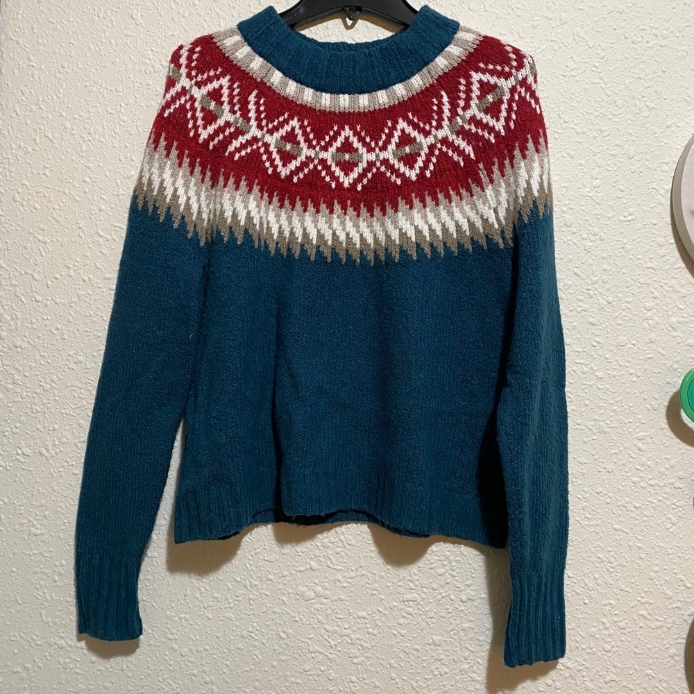 American Eagle‎ Fair Isle Crew Neck Sweater Teal Red White Tan Womens M